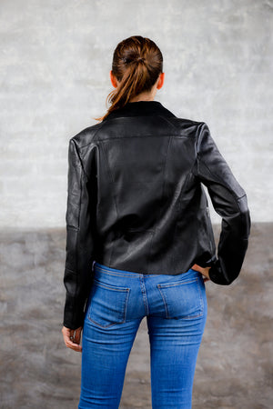 draped neck donna karan leather jacket; black leather jacket; draped neck womens jacket; women's apparel leather collection; lightweight spring leather jacket