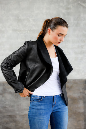 draped neck donna karan leather jacket; black leather jacket; draped neck womens jacket; women's apparel leather collection; lightweight spring leather jacket