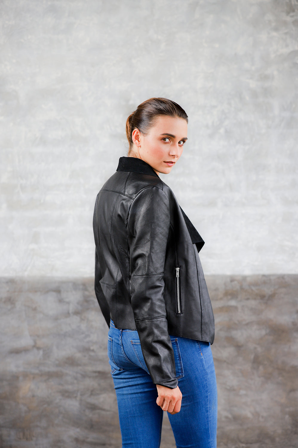 draped neck leather jacket; lightweight leather jacket; women's apparel; genuine leather draped neck jacket; womens black leather jacket