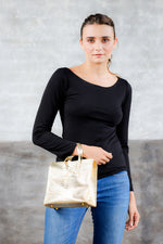 metallic gold handbag; metallic gold leather bag; metallic gold tote bag; clare v mini tote bag; clare v handbags; leather handbags