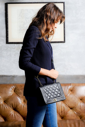 Becca-Quilted Matelassé Leather Saddle Crossbody Messenger Bag-Black