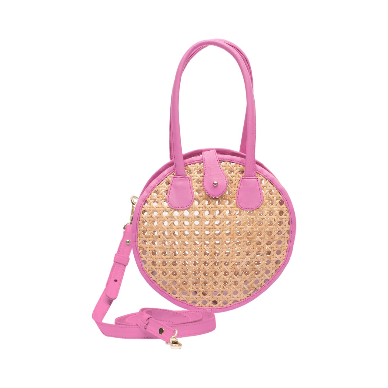 Circle Rattan & Hot Pink Leather Crossbody Bag