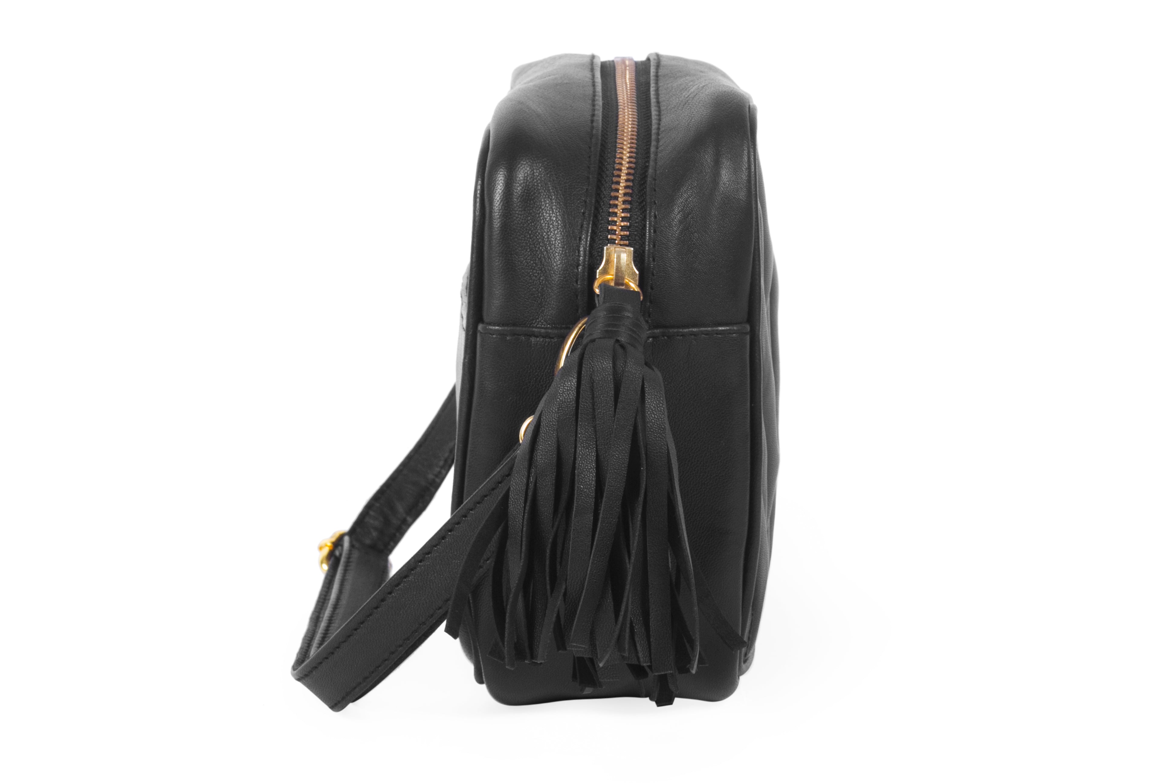 Sideview of Black leather crossbody camera bag