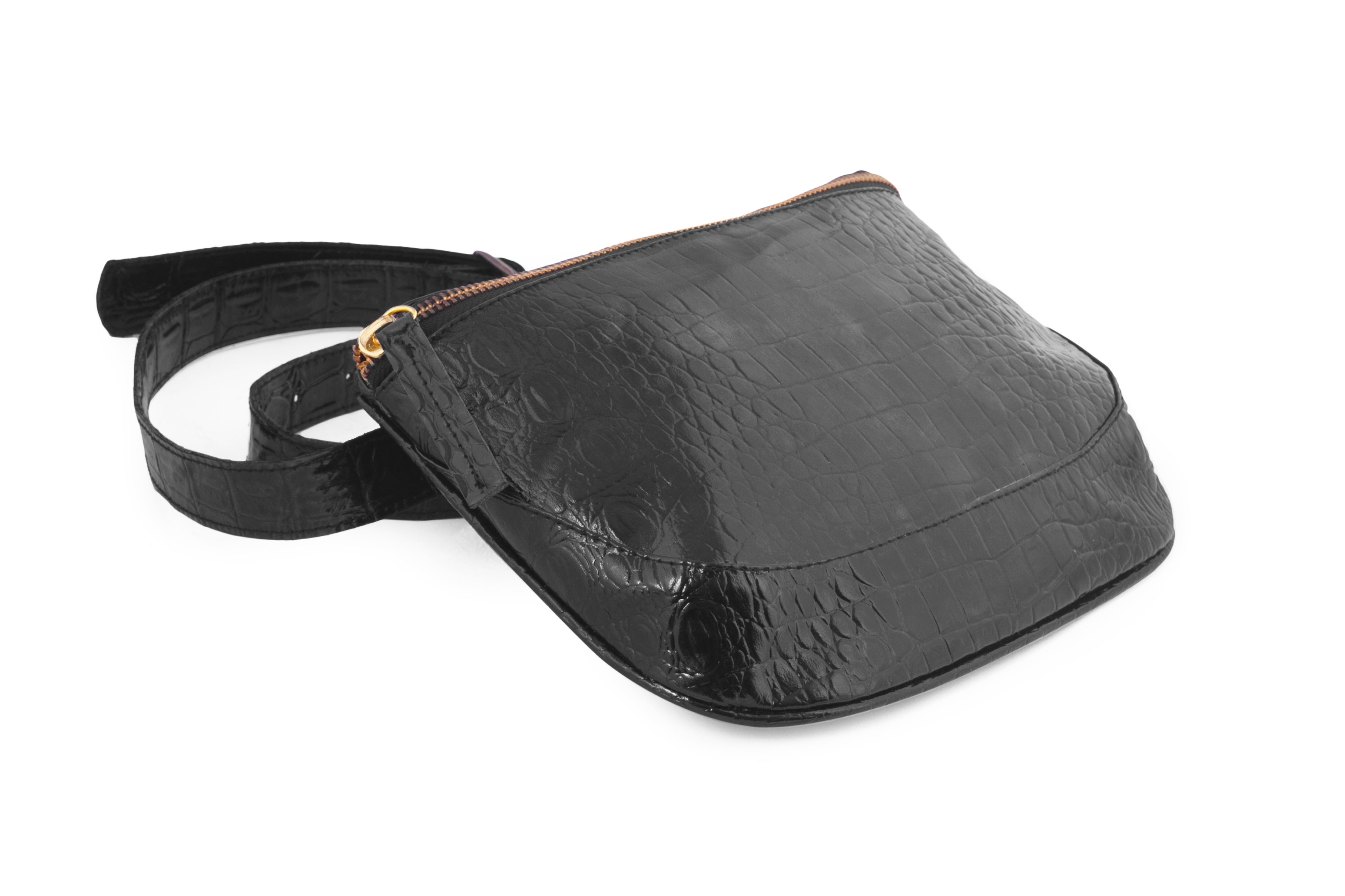 Flat view of black leather fanny pack