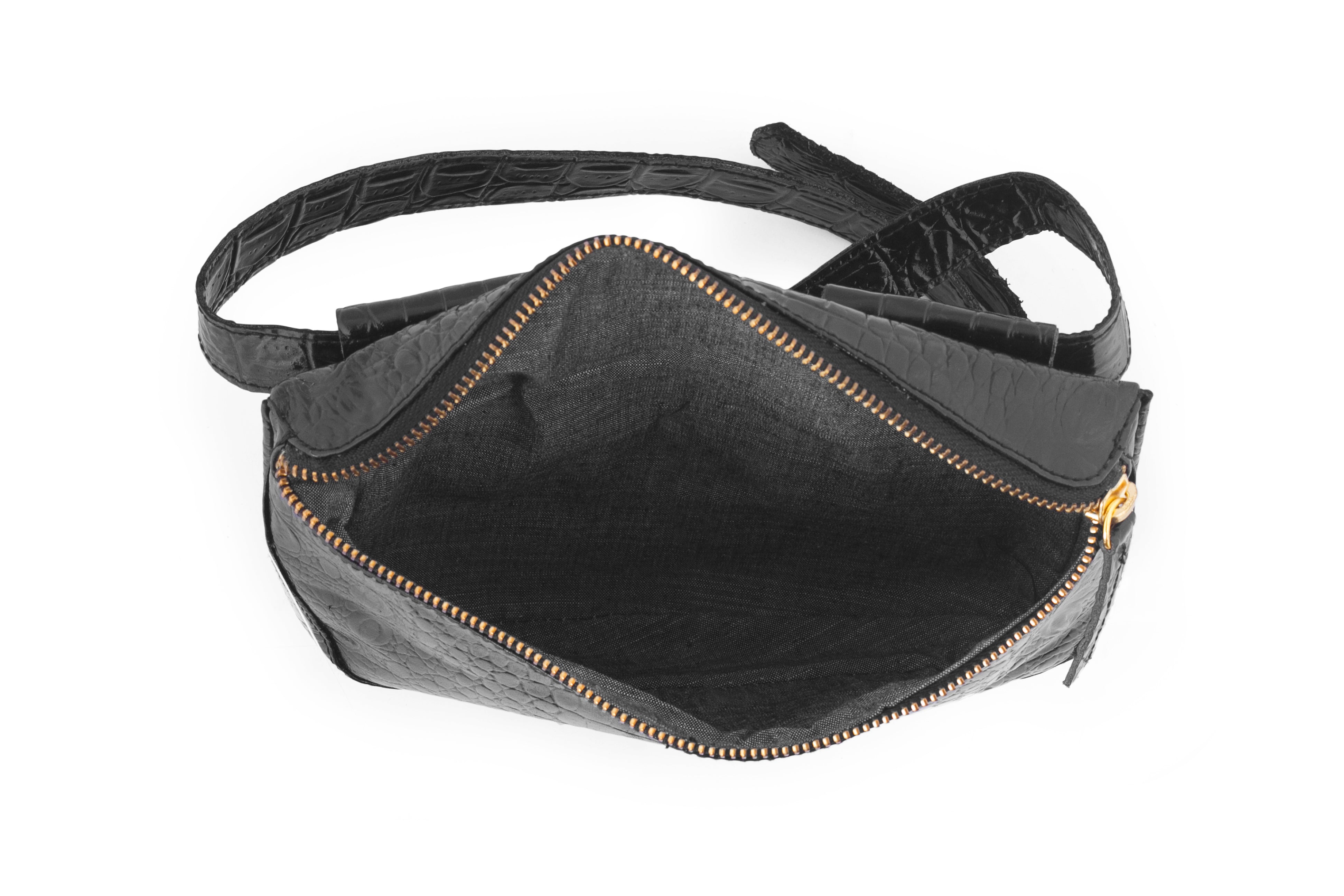 Inside view black leather fanny pack belt bag