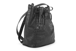 Bags and purses; black bucket bag; women's handbag; cross-body bucket bag; leather bucket bag; black leather bucket bag; crocodile leather bag; crocodile embossed leather bag;  black crocodile leather bag