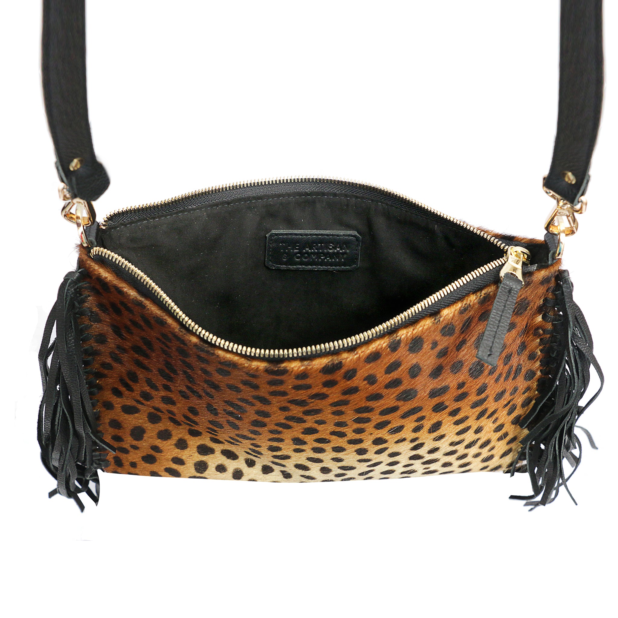 Interior View Leopard Leather Fringe Bag