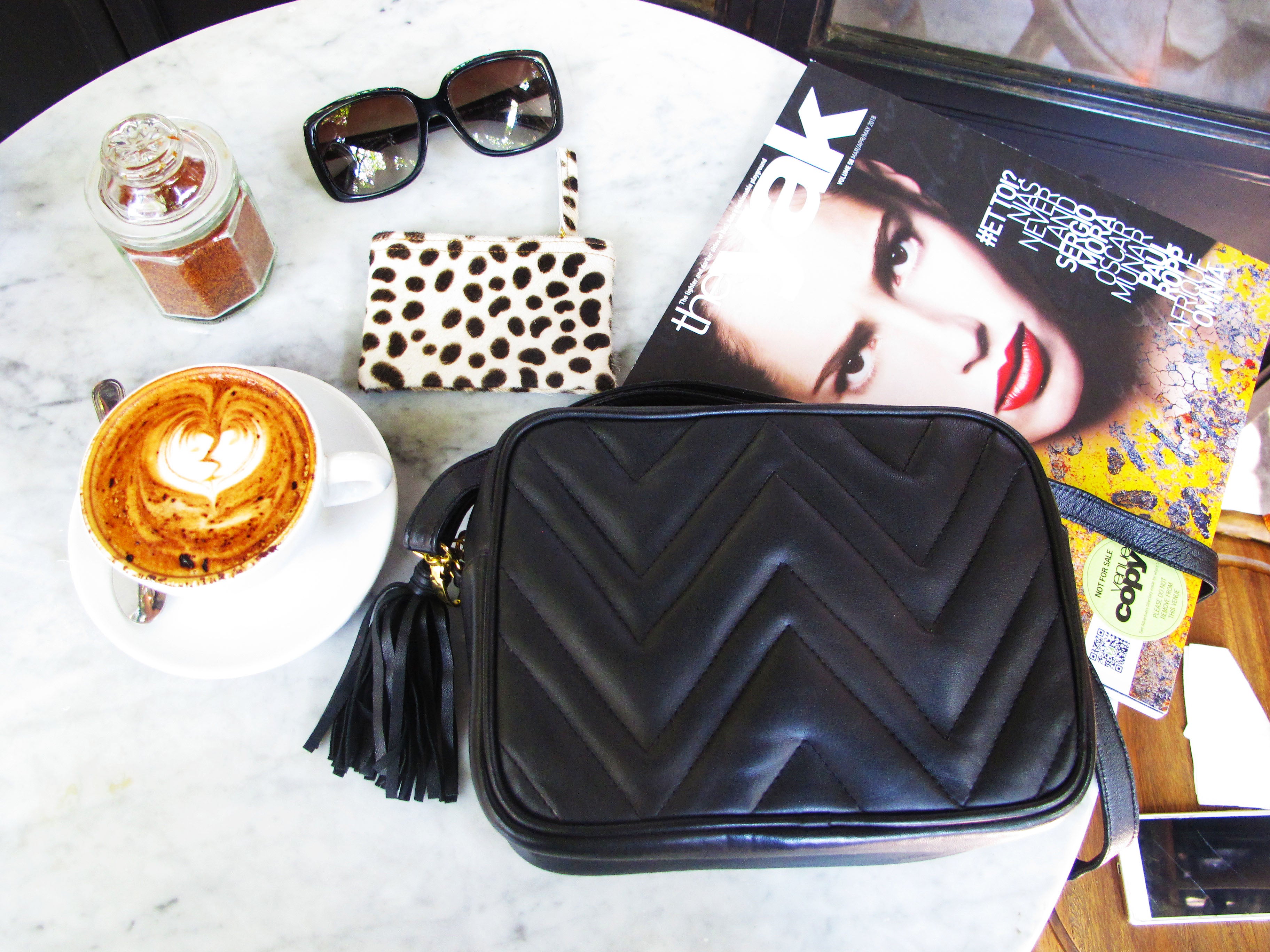 Black Leather Camera Bag with a coffee and sunglasses