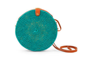 Circular Rattan Bag- Crossbody Round Shoulder Bag-Turquoise
