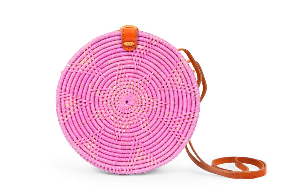Circular Rattan Bag- Crossbody Round Shoulder Bag-Pink