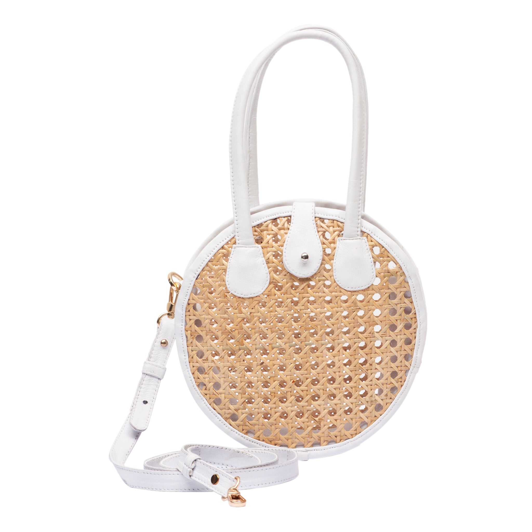 Front view Circle Rattan with White Leather Crossbody Handbag