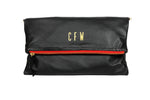 Monogrammed Black with Red Zipper Leather Foldover Clutch Handbag