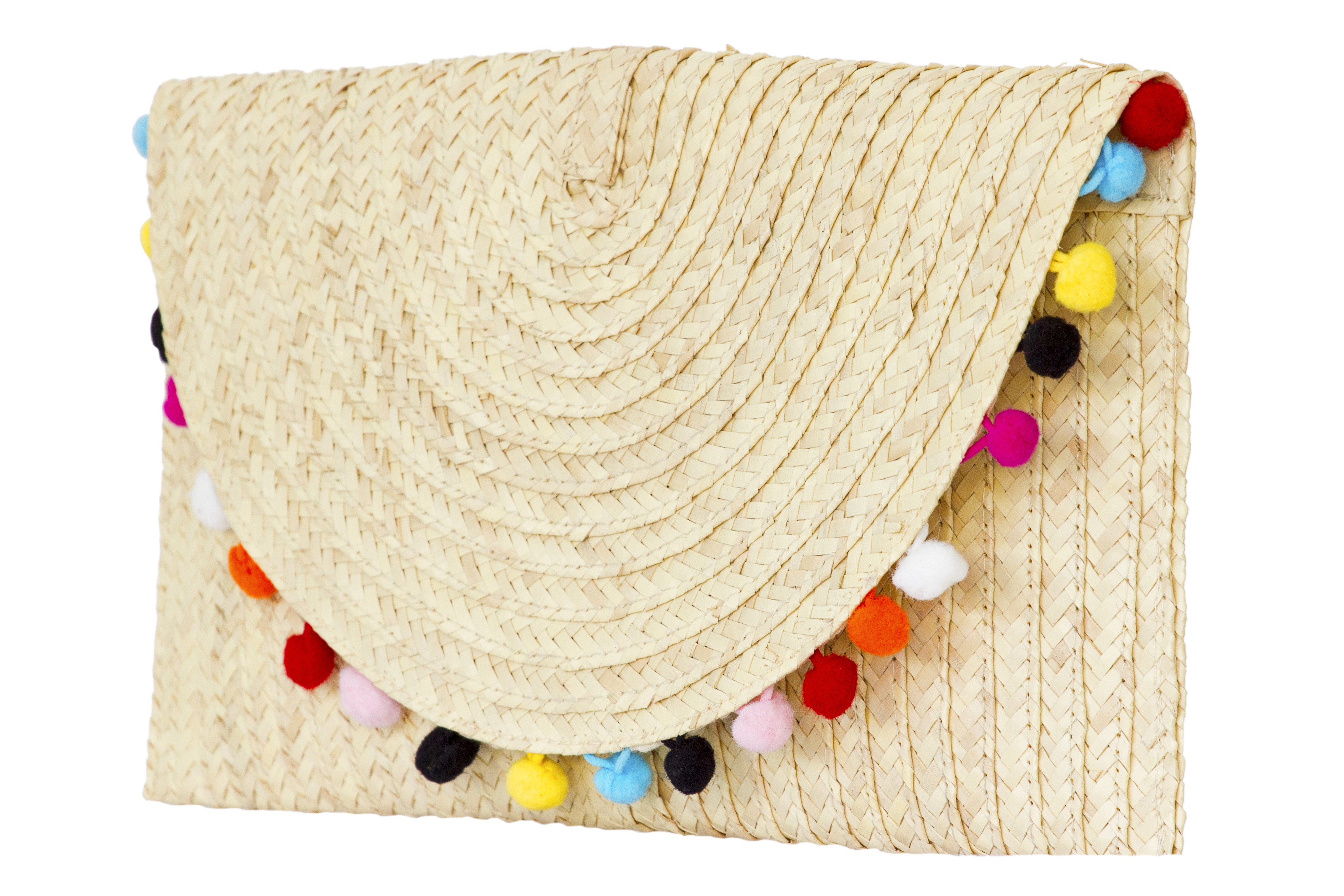 straw clutch purse; straw bag clutch natural; rio pom pom clutch; straw handbags; pom pom clutch straw; straw pom pom clutch
