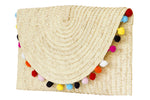 straw clutch purse; straw bag clutch natural; rio pom pom clutch; straw handbags; pom pom clutch straw; straw pom pom clutch