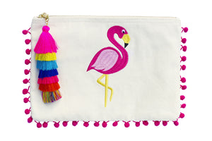 Flamingo; PomPom Clutch; Summer 2017 bag find; Beach bag under $50; Clutch Bag; Beach bag; embroidery pompom clutch; embroidered bag; embroidered handbag
