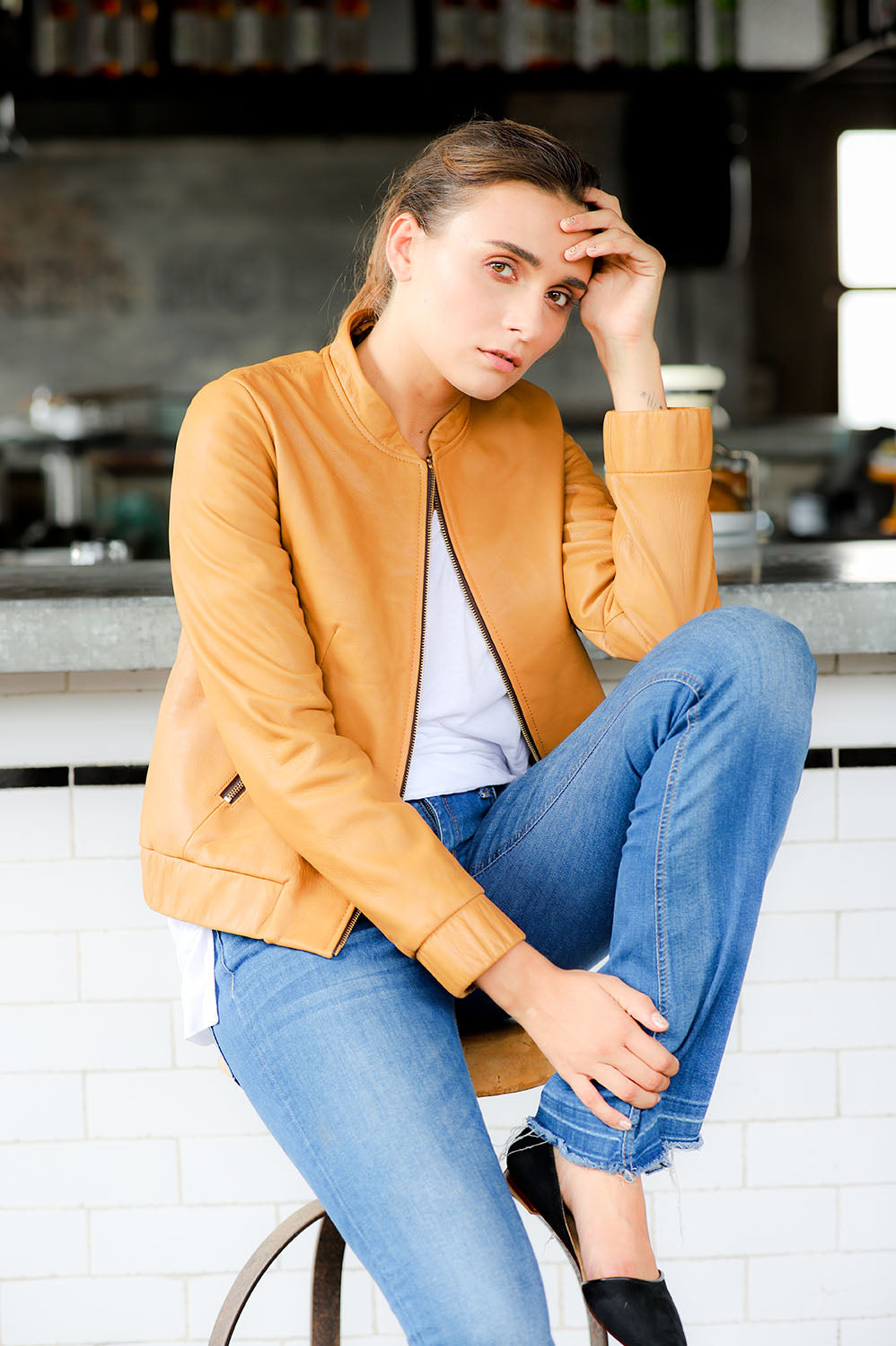Leather bomber jacket for women; tan leather bomber jacket for women