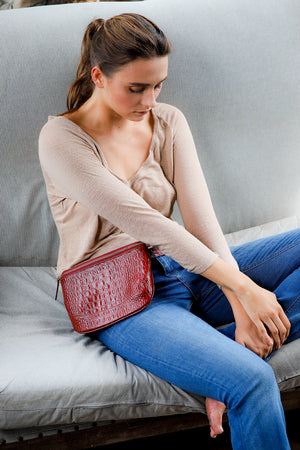 Burgundy Fanny pack, leather fanny pack, belted fanny pack, crocodile embossed leather fanny pack, CV fanny pack, Clare V fanny pack