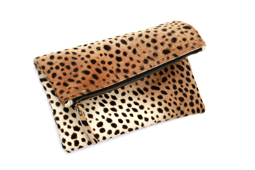Leopard Clutch, Fold Over Clutch, Big Spot, Leopard Print Leather Clutch, Leopard Calf Hair Zipper Clutch, Leather Clutch, Leopard Purse