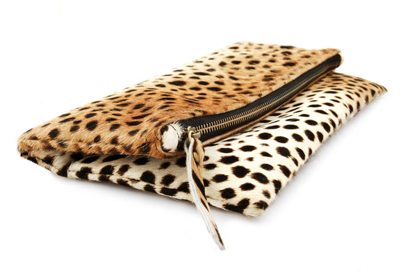 Hair on Leather Foldover Clutch White and Black Cheetah