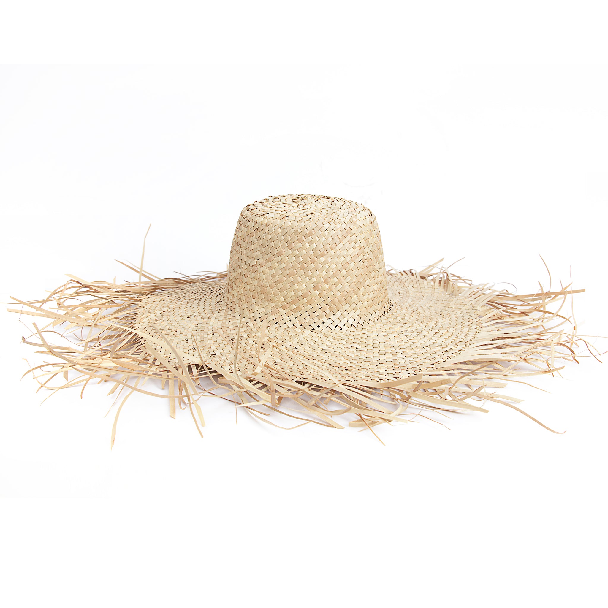 Side view Natural color wide brim with frayed edge women straw hat