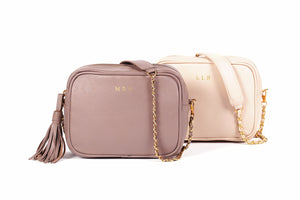 Cream, Taupe Personalised Initial Crossbody Chain strap Leather Bag for Women