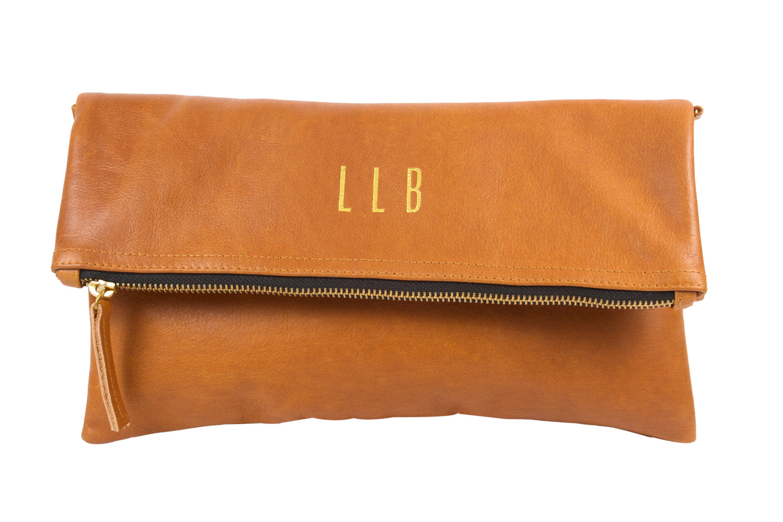 Monogrammed Tan Leather Foldover Clutch Handbag