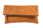 Monogrammed Tan Leather Foldover Clutch Handbag