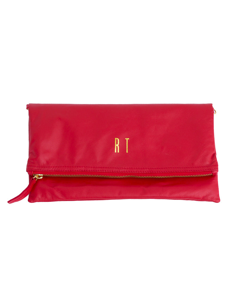 Monogrammed Red Leather Foldover Clutch Handbag