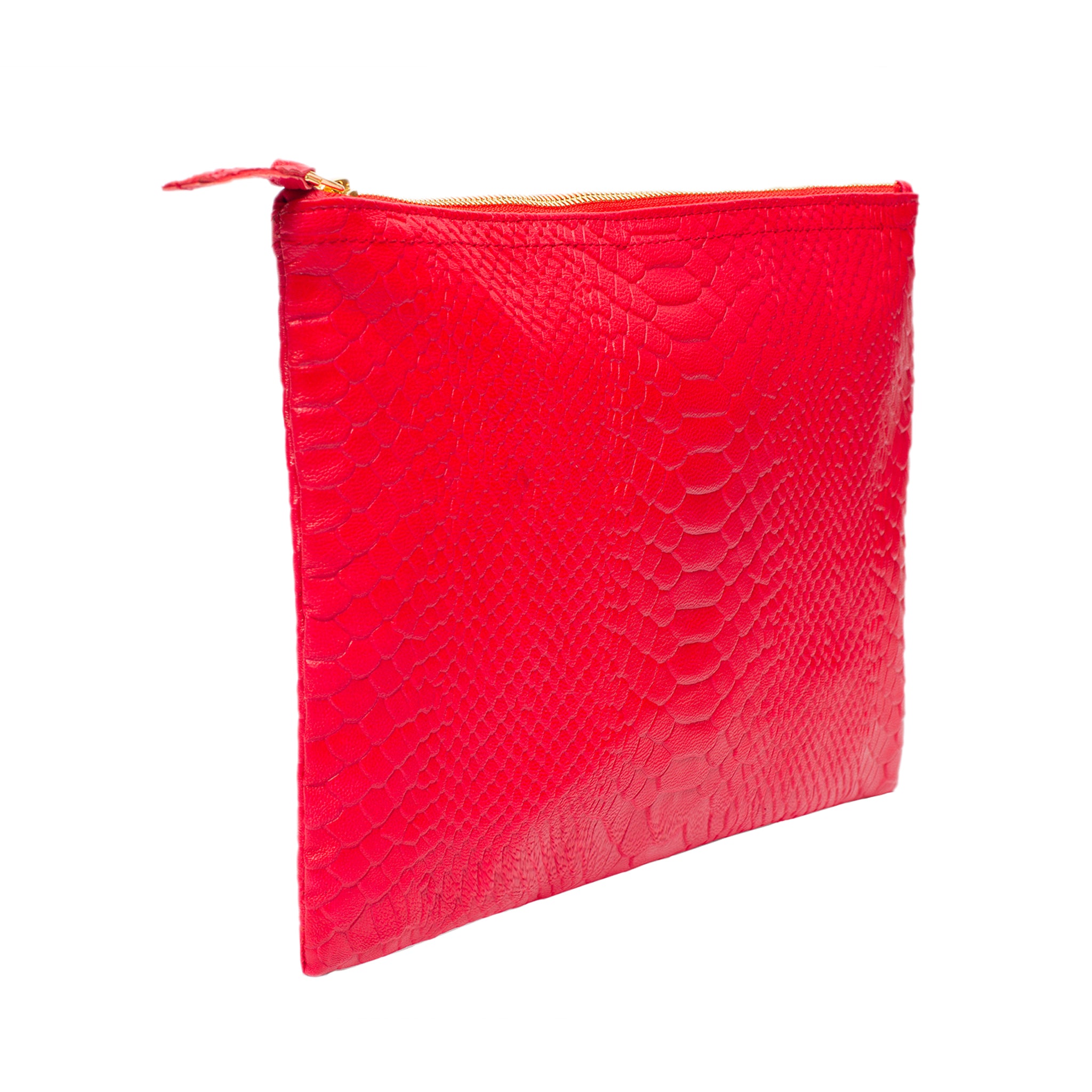 Side view Red Flat Wallet Clutch Genuine Leather Python Embossed