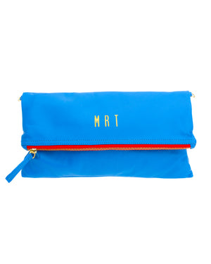 Monogrammed Royal Blue Leather Foldover Clutch Handbag
