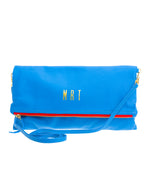 Monogrammed Royal Blue with Red Zipper Leather Crossbody Foldover Clutch Handbag