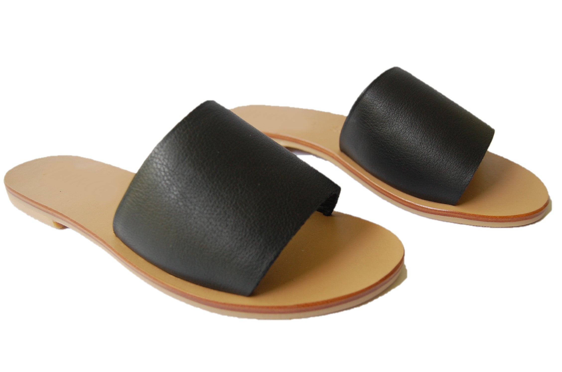black sandals; black leather sandals; all leather black sandals; women's slide sandal, black slides