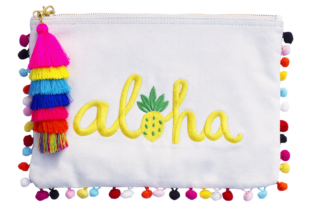 Cream Canvas Yellow Embroidered word Ahola with colorful pompoms clutch bag