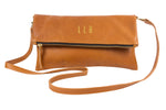 Monogrammed Tan Leather Crossbody Foldover Clutch Handbag