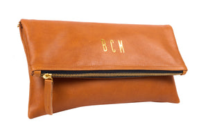 Side View Monogrammed Tan Leather Foldover Clutch Handbag