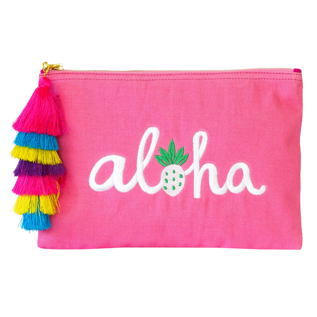 Pink Canvas White Embroidery Word AHOLA  with colorful tassel