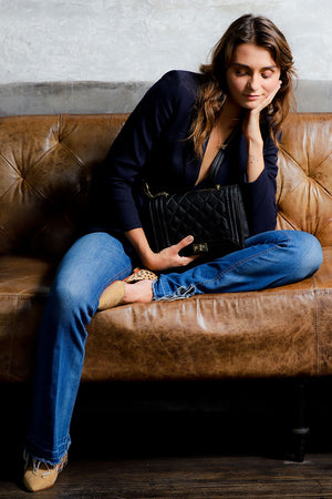 Becca-Quilted Matelassé Leather Saddle Crossbody Messenger Bag-Black