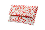 Spotted clutch; designer clutch; red spotted clutch; sophia webster; clutch; foldover clutch; foldover clutch pattern; dalmatian pattern clutch; dalmatian print clutch; leather clutch; red and white leather clutch; red and white clutch