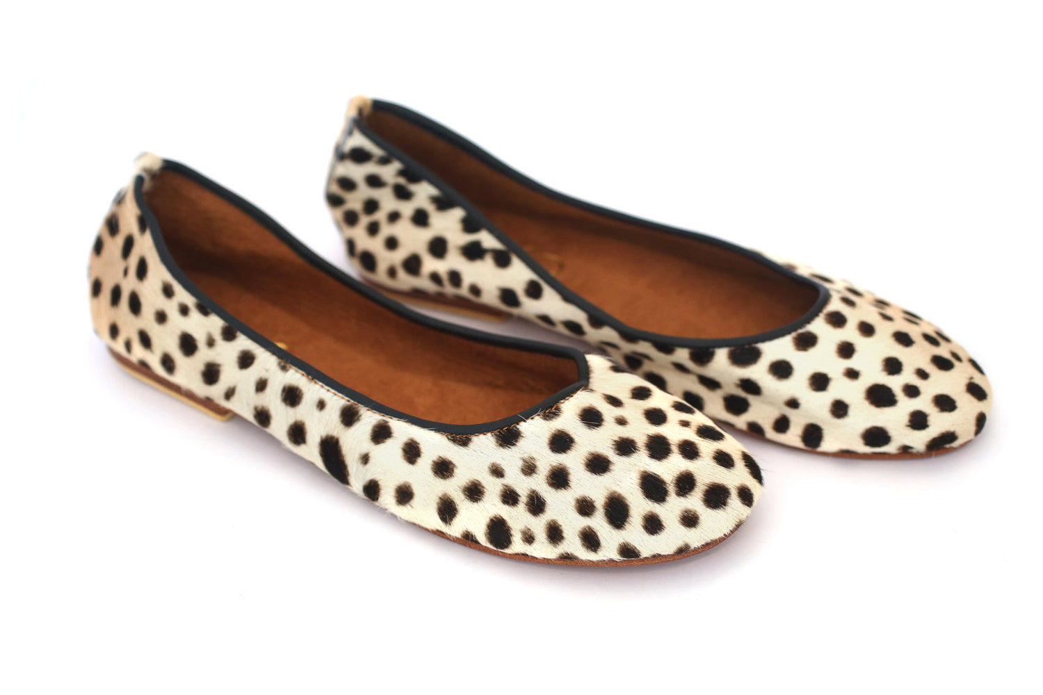 Cream Genuine Leopard Print Calf Hair Leather Ballerina Flat Women Shoes