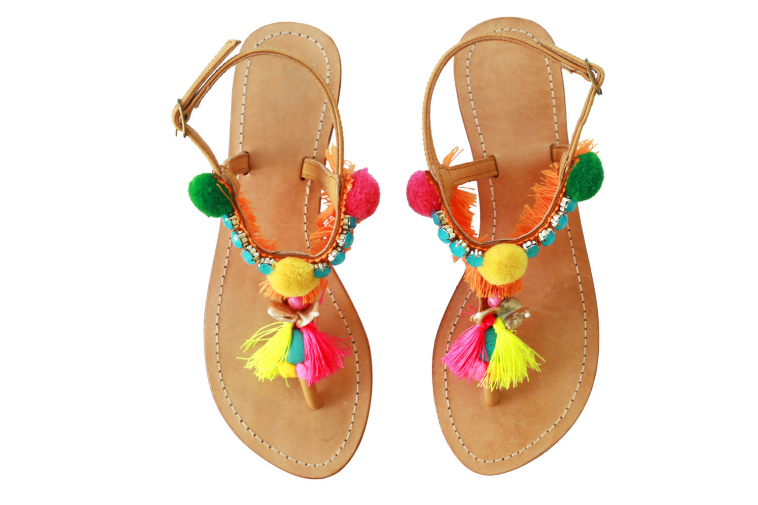 PomPom Sandals; Decorative PomPom sandal; Bohemian pom pom beach sandals