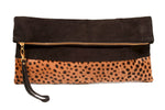Oversized Leopard Print and Suede Clutch, Leather Clutch, Calf Hair Leather fold over clutch