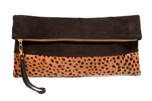 Oversized Leopard Print and Suede Clutch, Leather Clutch, Calf Hair Leather fold over clutch
