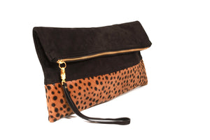 Oversized Leopard Print and Suede Clutch, Leather Clutch, Calf Hair Leather fold over clutch