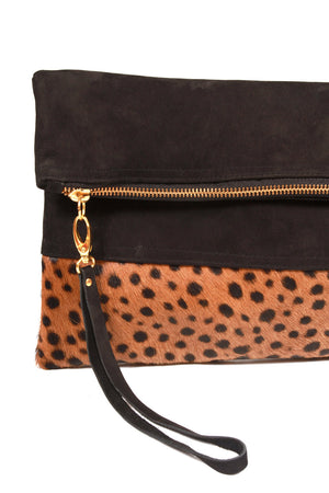 Oversized Leopard Print and Suede Clutch, Leather Clutch, Calf Hair Leather fold over clutch