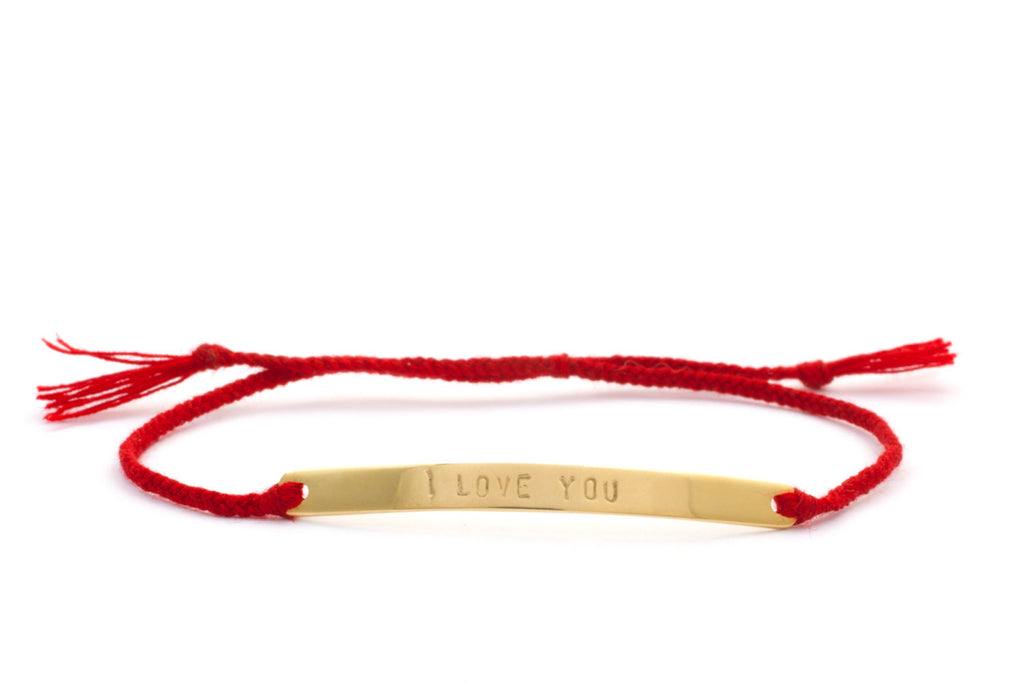 Personalized Hand Stamped 14k gold plated Bracelet with Braided Red Thread, Letter bracelet