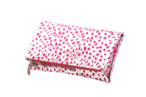 Dalmatian print leather bag fold over clutch, Dalmatian Bag, Leather Dalmatian print clutch, Dalmatian clutch, SIlver and pink dalmatian bag