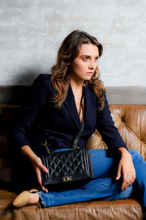 Becca-Quilted Matelassé Leather Saddle Crossbody Messenger Bag-Black